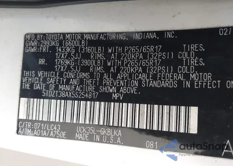 2005 Toyota Sequoia Limited V8 z USA, uszkodzony, nr VIN 5TDZT38AX5S254817